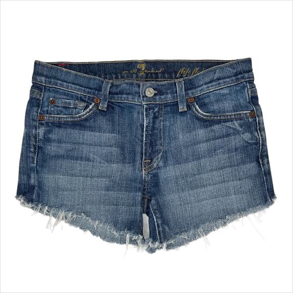 7 for All Mankind Flip Flop Denim Blue Jean Raw Hem 3.5" Cut-off Shorts 28 - Picture 1 of 4
